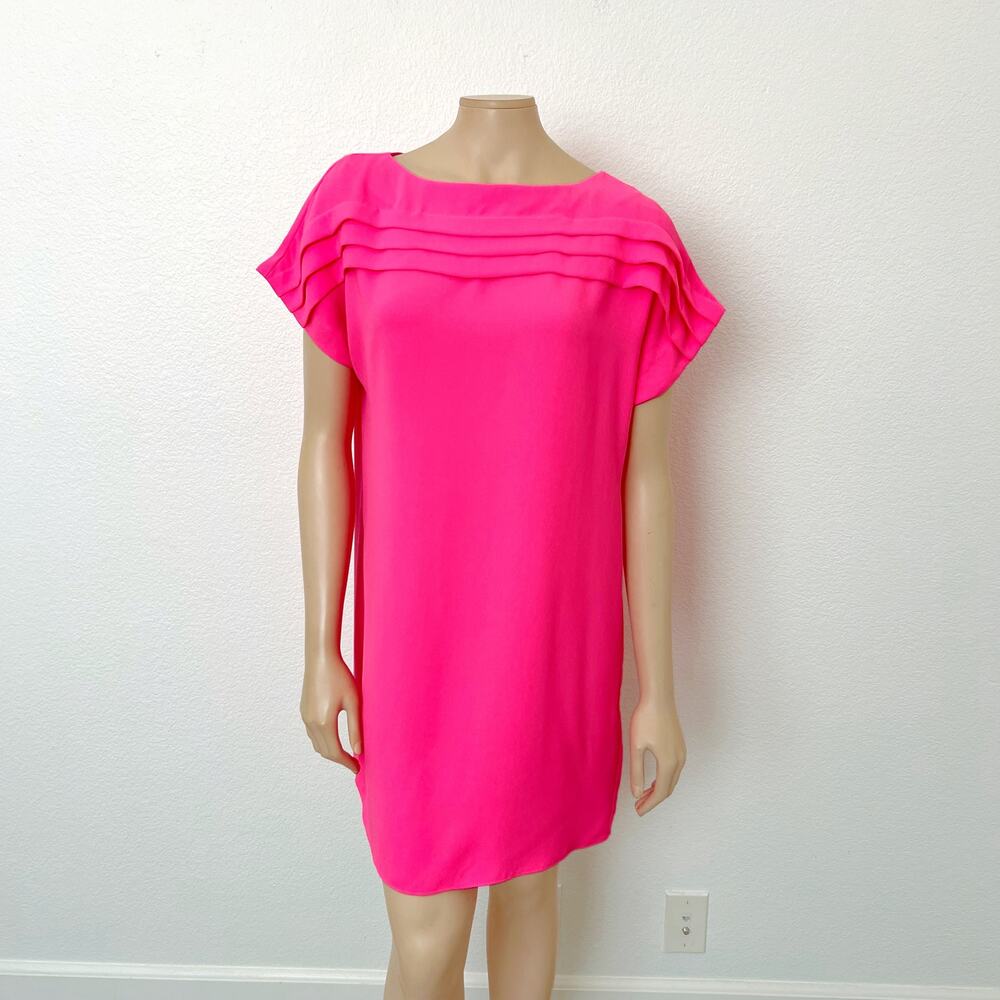 [Trina Turk] Adita Barbie Hot Pink Pleated Ruffle Crew Neck Shift Dress NWT Sz 6
